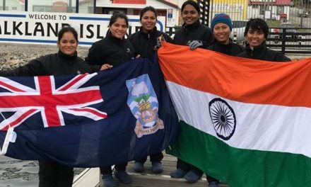 Indian Navy’s sailing boat INSV Tarini,enters Port Stanley in the Falkland Islands