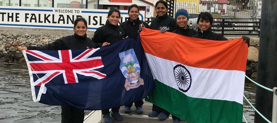 Indian Navy’s sailing boat INSV Tarini,enters Port Stanley in the Falkland Islands